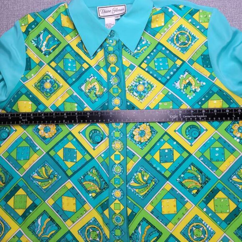 Diane Gilman Womens Blouse‎ Top 1X Silk Sequin Art to Wear Blue Yellow Green - Picture 8 of 9